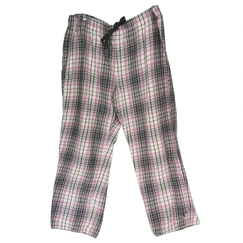 Victoria's Secret Womens Pajama Set XL Pink Plaid Button Up Sleepwear Drawstring